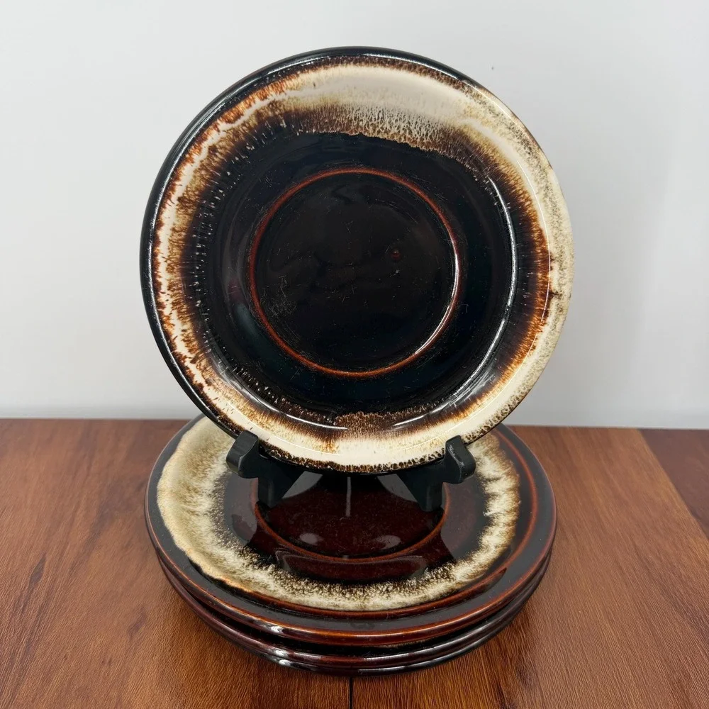 Pfaltzgraff 1970s Stoneware Drip Glaze Saucer Plates Brown Set of 6 6.25